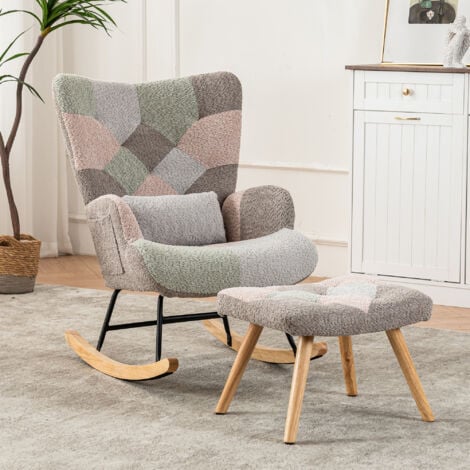 Rocking Chair, Fabric Relaxing Chair with Solid Wood Legs, Accent Armchair with Ottoman Single Sofa for Living Room Bedroom, Multicolour