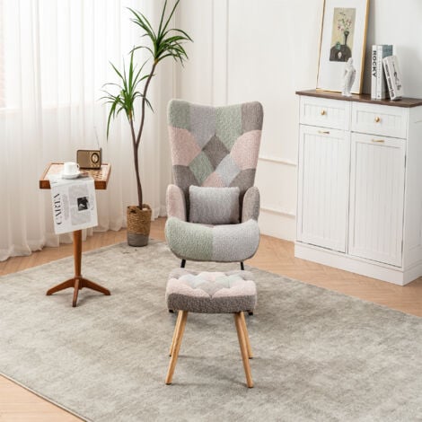Rocking Chair, Fabric Relaxing Chair with Solid Wood Legs, Accent Armchair with Ottoman Single Sofa for Living Room Bedroom, Multicolour