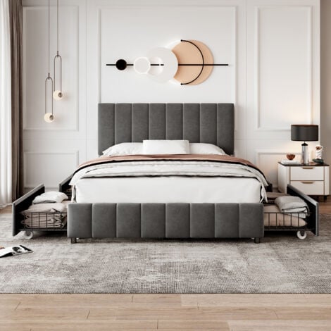 Double Upholstered Bed with 4 Storage Drawers, Velvet Platform Bed Frame with Adjustable Channel Tufted Headboard, Grey (No Mattress)
