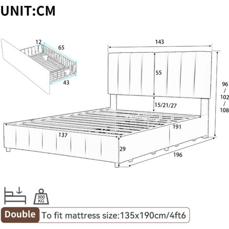 Double Upholstered Bed with 4 Storage Drawers, Velvet Platform Bed Frame with Adjustable Channel Tufted Headboard, Grey (No Mattress)