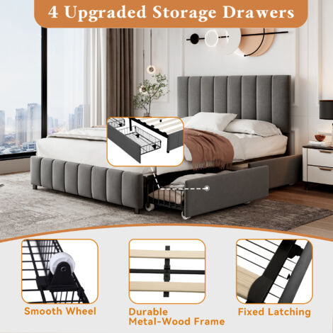 Double Upholstered Bed with 4 Storage Drawers, Velvet Platform Bed Frame with Adjustable Channel Tufted Headboard, Grey (No Mattress)