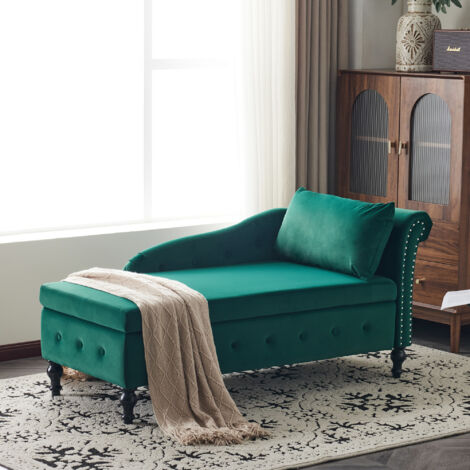 Velvet Chaise Lounge Sofa with Storage, Upholstered Chaise lounge Couch with Pillow for Living Room, Bedroom and Office, Right Armrest, Green (1/5)