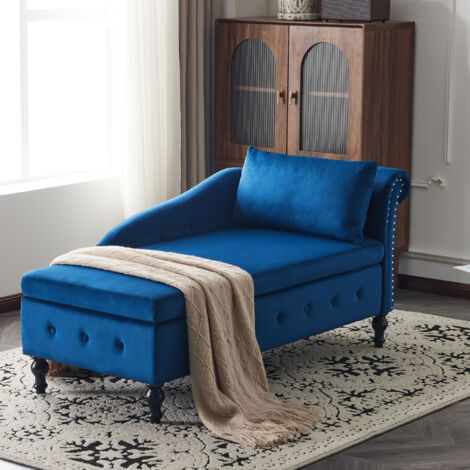Velvet Chaise Lounge Sofa with Storage, Upholstered Chaise lounge Couch with Pillow for Living Room, Bedroom and Office, Right Armrest, Blue (1/5)