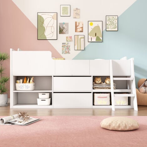 Cabin Bed Mid Sleeper Bed Frame Storage Kids Wooden bed with Drawers Shelf Storage Low Sleeper Bed 3ft Single (90 x 190 cm) Frame Only, White