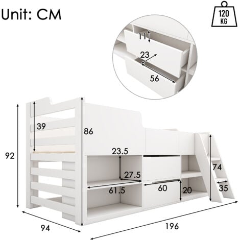 Cabin Bed Mid Sleeper Bed Frame Storage Kids Wooden bed with Drawers Shelf Storage Low Sleeper Bed 3ft Single (90 x 190 cm) Frame Only, White
