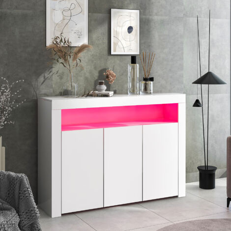 High Gloss White Sideboard Display Cabinet with LED Lights, Modern 3-Door Wood Buffet Cupboard Storage Unit with Remote Control for Kitchen Living Room