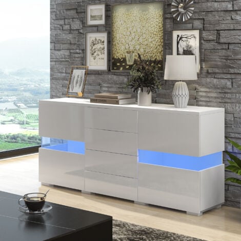 Matt & High Gloss White Sideboard Cabinet Storage Cupboard Unit 16 colours LED Lighted for Dining Room Living Room
