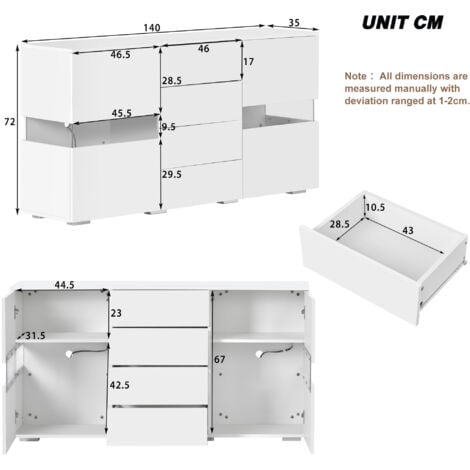 Matt & High Gloss White Sideboard Cabinet Storage Cupboard Unit 16 colours LED Lighted for Dining Room Living Room