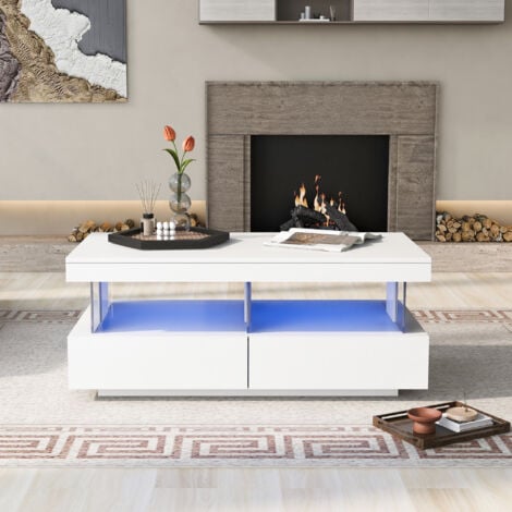 Coffee Table for Living Room, High Gloss Tea Table with 16-Color LED Lights, Coffee Table with 2 Drawers and Open Storage Space,White