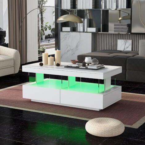 Coffee Table for Living Room, High Gloss Tea Table with 16-Color LED Lights, Coffee Table with 2 Drawers and Open Storage Space,White
