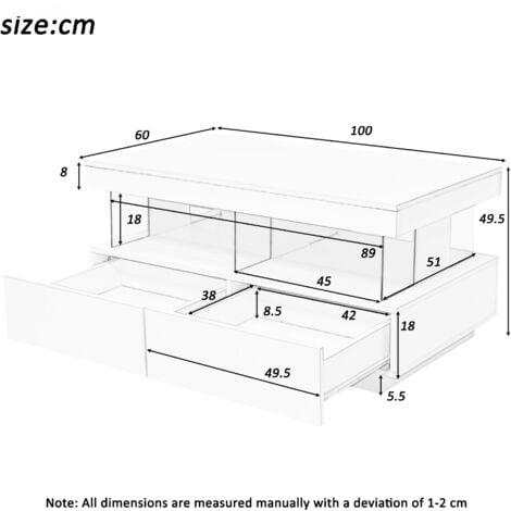 Coffee Table for Living Room, High Gloss Tea Table with 16-Color LED Lights, Coffee Table with 2 Drawers and Open Storage Space,White