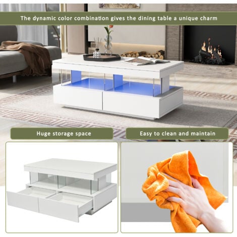 Coffee Table for Living Room, High Gloss Tea Table with 16-Color LED Lights, Coffee Table with 2 Drawers and Open Storage Space,White