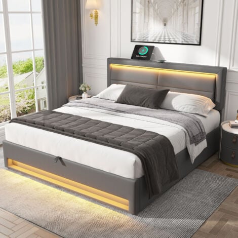 Upholstered Bed,with USB Port (supports wireless and wired charging), with LED Lighting and Storage Space, Grey,135 x 190 cm,Double Bed