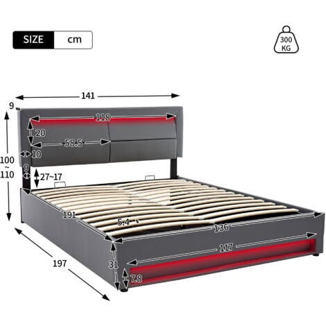 Upholstered Bed,with USB Port (supports wireless and wired charging), with LED Lighting and Storage Space, Grey,135 x 190 cm,Double Bed