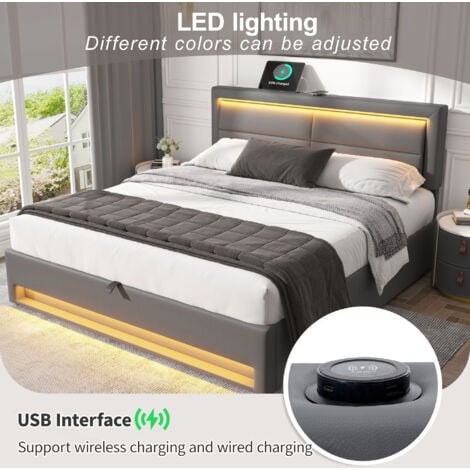 Upholstered Bed,with USB Port (supports wireless and wired charging), with LED Lighting and Storage Space, Grey,135 x 190 cm,Double Bed