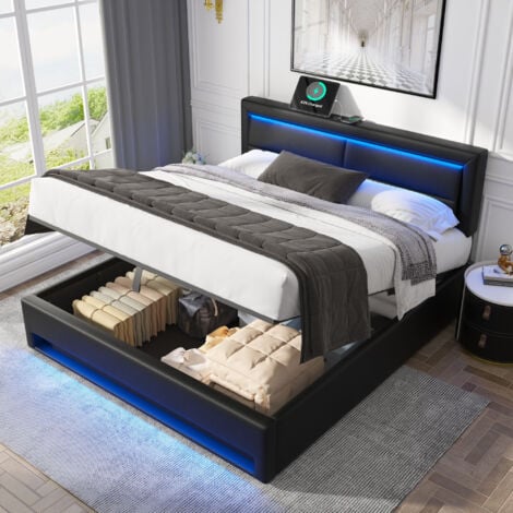 Upholstered Bed,with USB Port (supports wireless and wired charging), with LED Lighting and Storage Space, Black ,150 x 200 cm,King Size Bed