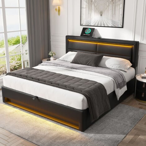 Upholstered Bed,with USB Port (supports wireless and wired charging), with LED Lighting and Storage Space, Black ,150 x 200 cm,King Size Bed