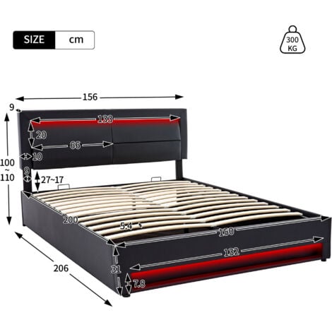 Upholstered Bed,with USB Port (supports wireless and wired charging), with LED Lighting and Storage Space, Black ,150 x 200 cm,King Size Bed