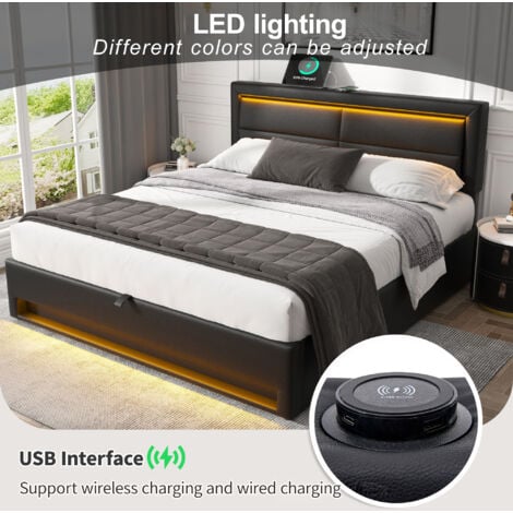 Upholstered Bed,with USB Port (supports wireless and wired charging), with LED Lighting and Storage Space, Black ,150 x 200 cm,King Size Bed