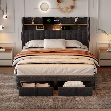 4FT6 Double Upholstered Bed with 2 Storage Drawers, Riveted Storage Bed with Charging and Lighting, Linen Platform Bed Frame, Grey (No Mattress)