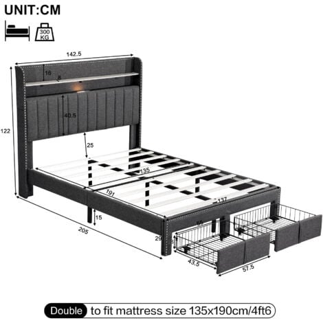 4FT6 Double Upholstered Bed with 2 Storage Drawers, Riveted Storage Bed with Charging and Lighting, Linen Platform Bed Frame, Grey (No Mattress)