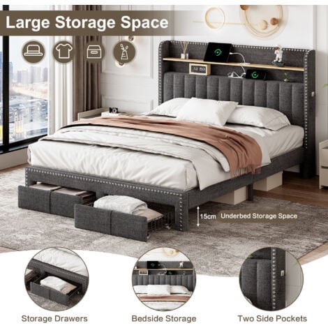4FT6 Double Upholstered Bed with 2 Storage Drawers, Riveted Storage Bed with Charging and Lighting, Linen Platform Bed Frame, Grey (No Mattress)