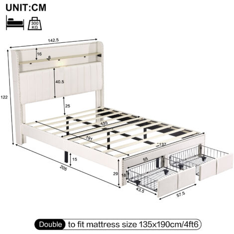 4FT6 Double Upholstered Bed with 2 Storage Drawers, Riveted Storage Bed with Charging and Lighting, Linen Platform Bed Frame, Beige (No Mattress)