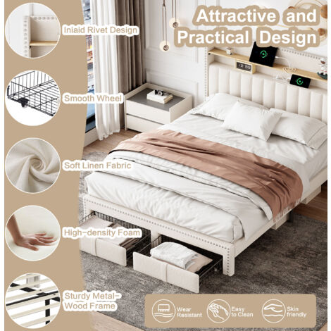 4FT6 Double Upholstered Bed with 2 Storage Drawers, Riveted Storage Bed with Charging and Lighting, Linen Platform Bed Frame, Beige (No Mattress)