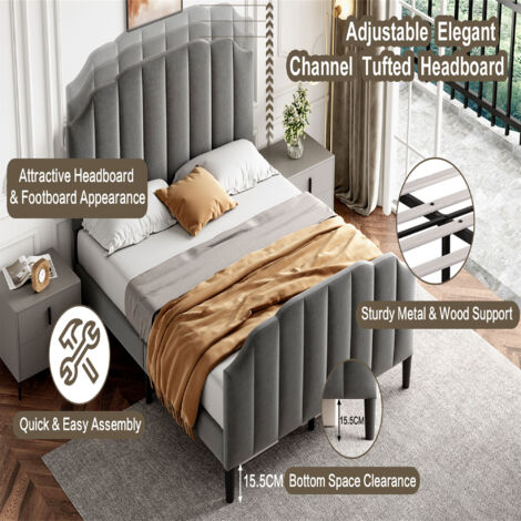 4FT6 Double Upholstered Bed Frame with Adjustable Chic Channel-Tufted Headboard, Velvet Platform Bed Frame with Solid Wood Slat, Grey (No Mattress)