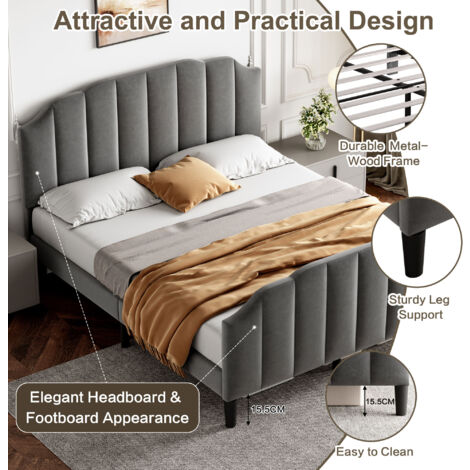 4FT6 Double Upholstered Bed Frame with Adjustable Chic Channel-Tufted Headboard, Velvet Platform Bed Frame with Solid Wood Slat, Grey (No Mattress)