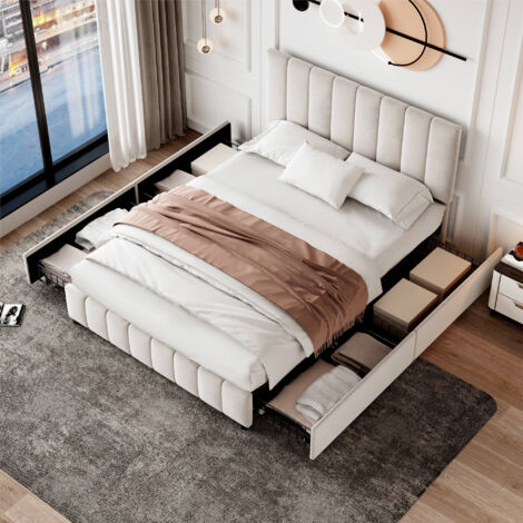 Double Upholstered Bed with 4 Storage Drawers, Velvet Platform Bed Frame with Adjustable Channel Tufted Headboard, Beige(No Mattress)