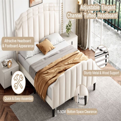 4FT6 Double Upholstered Bed Frame with Adjustable Chic Channel-Tufted Headboard, Velvet Platform Bed Frame with Solid Wood Slat, Beige (No Mattress)