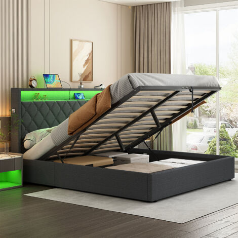 5FT King Upholstered Bed Frame with Hydraulic Storage, Linen Ottoman Bed with LED Lighting, Button Tufted Storage Headboard with Charging Station, Grey(No Mattress) (1/5)