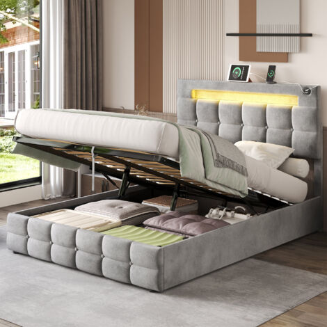 4FT6 Double Upholstered Bed Frame with Hydraulic Storage, Velvet Ottoman Bed with LED Lighting and Charging Station, Grey