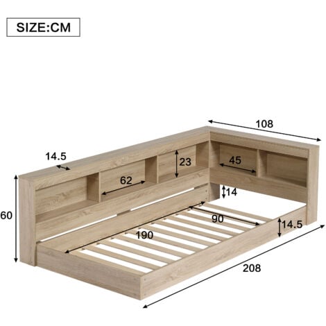 Storage Bed, Plenty of Storage Space, Durable and Sturdy, for Adults & Teenagers, Multifunctional Bed,White Oak Color,3FT Single Bed 90x190cm