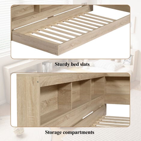 Storage Bed, Plenty of Storage Space, Durable and Sturdy, for Adults & Teenagers, Multifunctional Bed,White Oak Color,3FT Single Bed 90x190cm