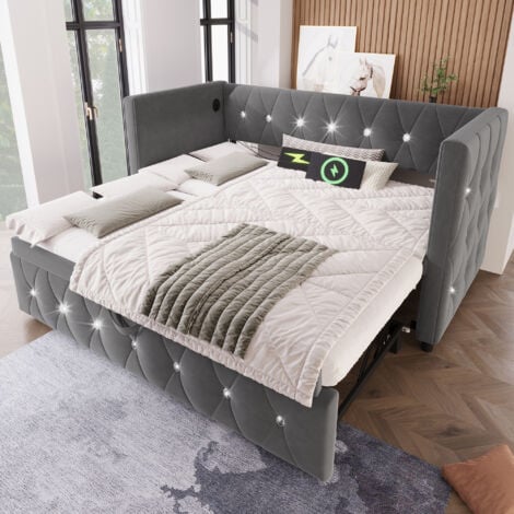 Daybed Upholstered Bed Sofa Bed with USB &Type C Charging Sations, 3FT Single Bed 90x190cm with Trundle ,Pull out Trundle for Living Room and Bedroom, Velvet ,Grey