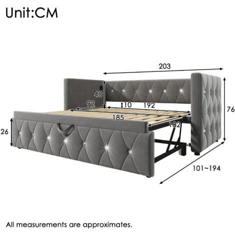 Daybed Upholstered Bed Sofa Bed with USB &Type C Charging Sations, 3FT Single Bed 90x190cm with Trundle ,Pull out Trundle for Living Room and Bedroom, Velvet ,Grey
