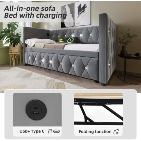 Daybed Upholstered Bed Sofa Bed with USB &Type C Charging Sations, 3FT Single Bed 90x190cm with Trundle ,Pull out Trundle for Living Room and Bedroom, Velvet ,Grey