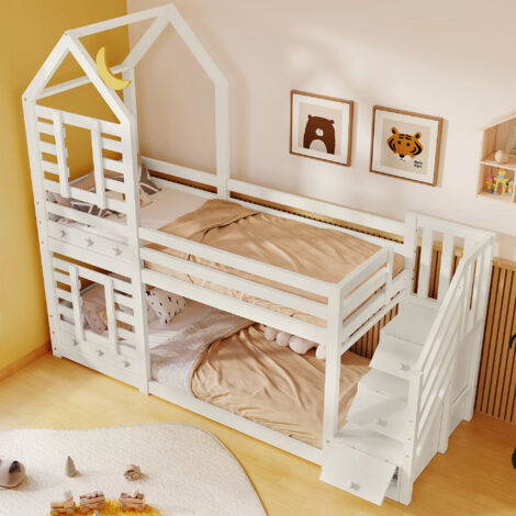Bunk Bed Storage Children Cabin Bed Single Bed with Window for Kids, Twin Sleeper 190x90 cm, Solid Pine Wood, White