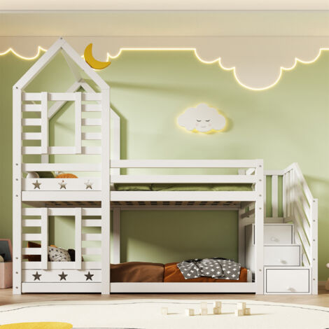 Bunk Bed Storage Children Cabin Bed Single Bed with Window for Kids, Twin Sleeper 190x90 cm, Solid Pine Wood, White