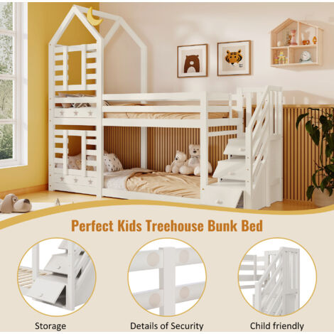 Bunk Bed Storage Children Cabin Bed Single Bed with Window for Kids, Twin Sleeper 190x90 cm, Solid Pine Wood, White