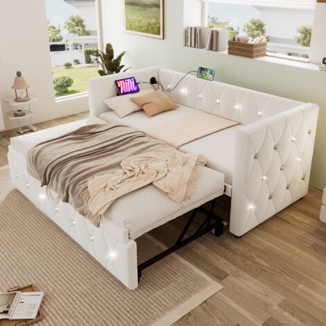 Daybed Upholstered Bed Sofa Bed with USB &Type C Charging Sations, 3FT Single Bed 90x190cm with Trundle ,Pull out Trundle for Living Room and Bedroom, Velvet ,Beige