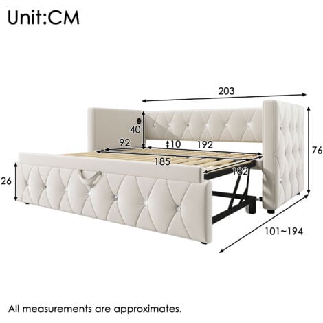 Daybed Upholstered Bed Sofa Bed with USB &Type C Charging Sations, 3FT Single Bed 90x190cm with Trundle ,Pull out Trundle for Living Room and Bedroom, Velvet ,Beige