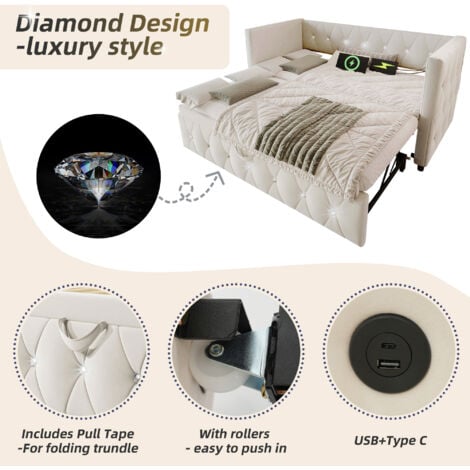 Daybed Upholstered Bed Sofa Bed with USB &Type C Charging Sations, 3FT Single Bed 90x190cm with Trundle ,Pull out Trundle for Living Room and Bedroom, Velvet ,Beige