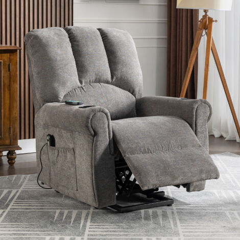 Electric Lift Grey Senior Chair - Single Motor, Heated Massage, Stand Assist, Storage Pockets, Cup Holders, Grey