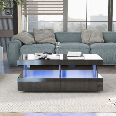 Coffee Table for Living Room, High Gloss Tea Table with 16-Color LED Lights, Coffee Table with 2 Drawers and Open Storage Space, End Table, Black