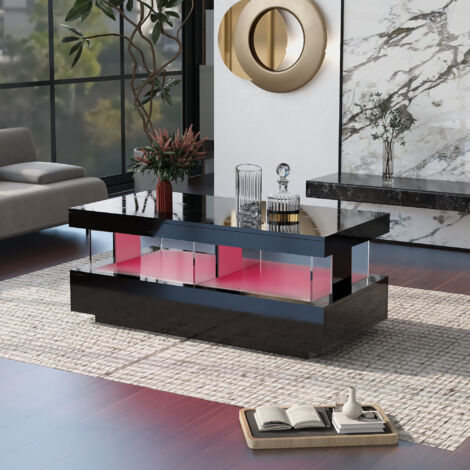 Coffee Table for Living Room, High Gloss Tea Table with 16-Color LED Lights, Coffee Table with 2 Drawers and Open Storage Space, End Table, Black