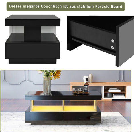 Coffee Table for Living Room, High Gloss Tea Table with 16-Color LED Lights, Coffee Table with 2 Drawers and Open Storage Space, End Table, Black