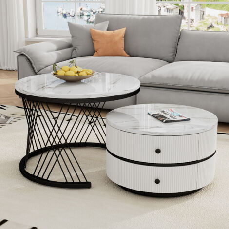 High Gloss Round Nesting Coffee Table with Marble Top, End Table, White & Black Nesting Coffee Table Set of 2 Center Table with Storage Drawers for Living Room